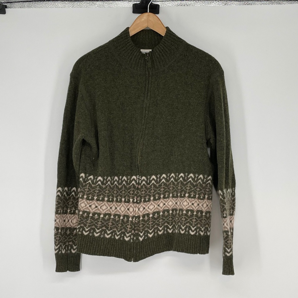 Vintage NorthCrest Lambswool Fair Isle Zip Sweater XL Green‎ Nordic Knit Cozy